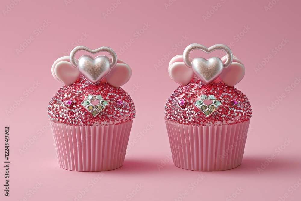 standing in a row with a beautiful image of shiny Valentine's theme sparkled two cupcakes. MZ standing in a row with a beautiful image of shiny Valentine's theme sparkled two cupcakes. MZ