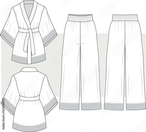 Women's kimono top Pajama suit with Wide lag pants design flat sketch fashion illustration drawing with front and back view. Flared pants with long sleeve pajama blouse top set cad drawing. 