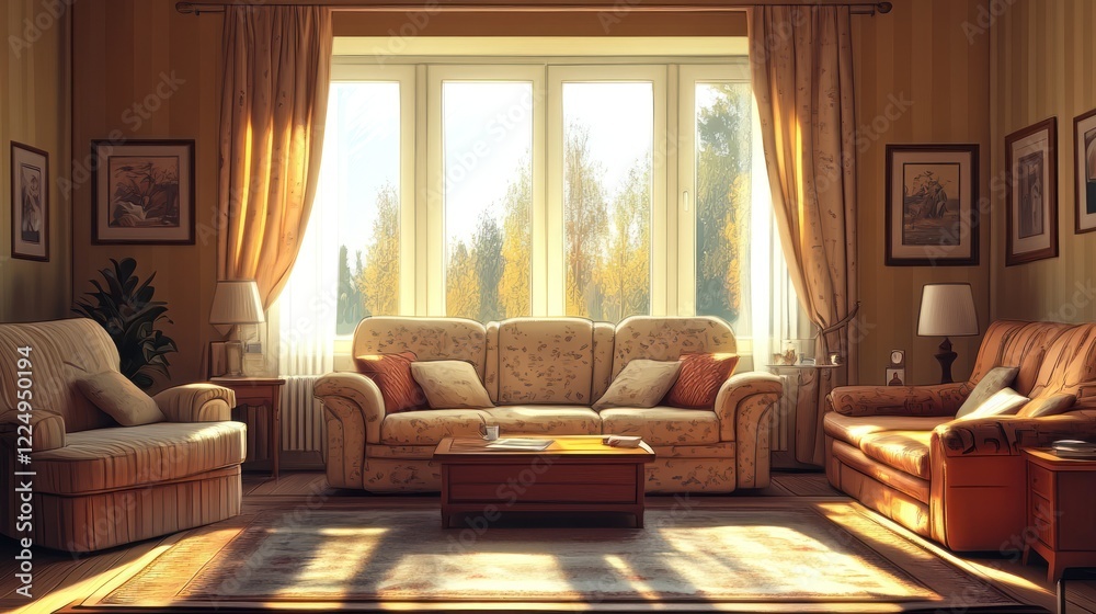 Fototapeta premium Sunlit living room with sofa, armchairs, and curtains.