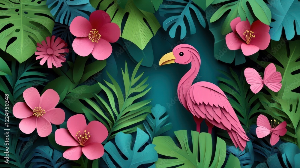 Fototapeta premium Pink flamingo amidst vibrant tropical paper flowers and leaves.