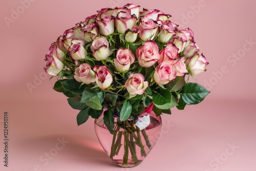Bouquet of pink rose flowers in vase on pastel pink table background. Birthday, Wedding, Mother's Day, Women's Day. Flat lay, top view, copy space. MZ