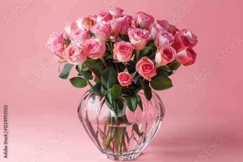 Bouquet of pink rose flowers in vase on pastel pink table background. Birthday, Wedding, Mother's Day, Women's Day. Flat lay, top view, copy space. MZ
