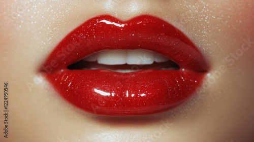 Extreme close-up of glossy red lips with glitter, perfect for beauty, fashion, and holiday cosmetics advertising