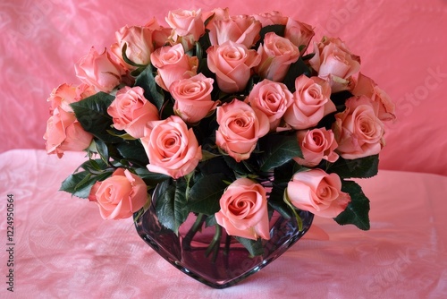 Bouquet of pink rose flowers in vase on pastel pink table background. Birthday, Wedding, Mother's Day, Women's Day. Flat lay, top view, copy space. MZ