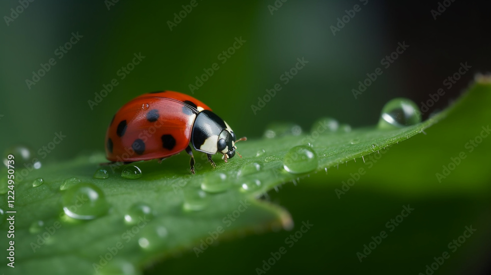Ladybug on Green Leaf Dew Drops Nature Macro Photography Insect red water black spots plant image Ladybug on Green Leaf Dew Drops Nature Macro Photography Insect red water black spots plant image