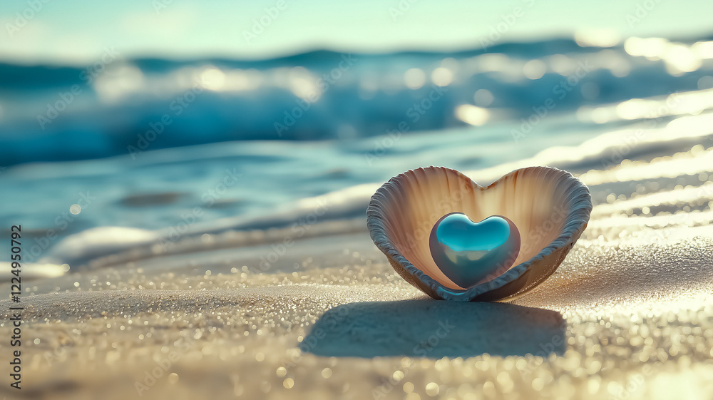 A heart-shaped pearl resting inside an open seashell on a sandy beach by the sea A heart-shaped pearl resting inside an open seashell on a sandy beach by the sea