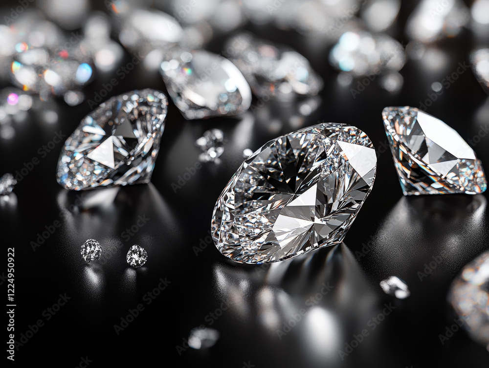 Brilliant diamonds scattered on black, reflecting light. Brilliant diamonds scattered on black, reflecting light.