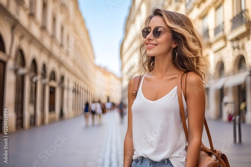 Women casually traveling alone while wearing casual summer clothing while taking a tour of a well-known landmark Vacationing in Europe and taking in its architecture and tradition