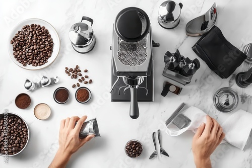 Barista fine-tuning coffee grinder settings for optimal espresso at a bustling cafe. Generative AI photo