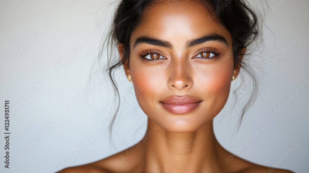 Naklejka premium Close-up portrait of an elegant Indian woman with glowing skin, brown eyes, and a soft smile, wearing delicate earrings