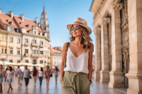 Women casually traveling alone while wearing casual summer clothing while taking a tour of a well-known landmark Vacationing in Europe and taking in its architecture and tradition