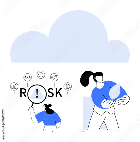 Woman analyzing Risk word with magnifier and icons while holding a leaf symbolizing sustainability. Ideal for business strategy, risk management, eco-friendliness, decision-making, innovation