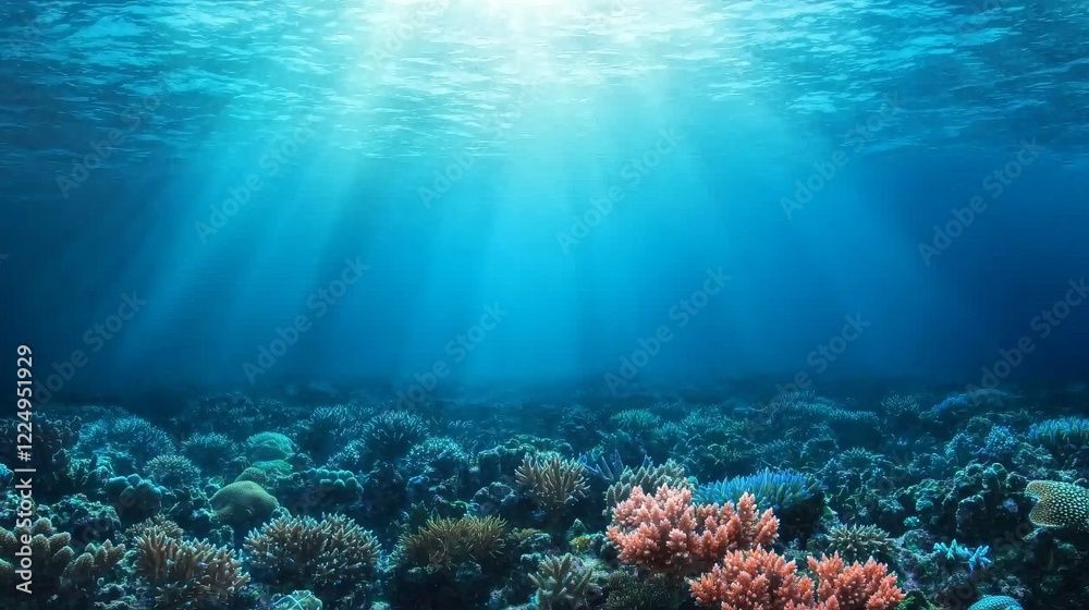 Fototapeta premium A serene underwater scene featuring vibrant coral reefs illuminated by sun rays filtering through the water's surface.