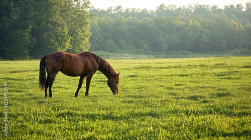 A peaceful green pasture with a grazing horse in the early morning light