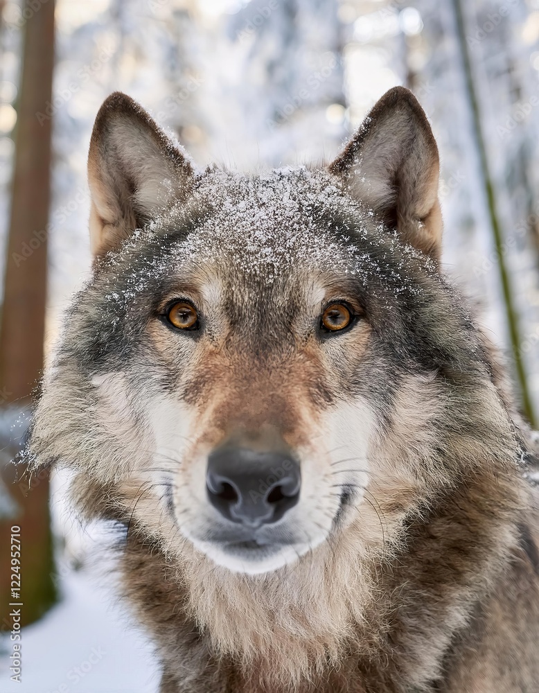 Eurasian wolf looking at camera in snowy forest close up Eurasian wolf looking at camera in snowy forest close up