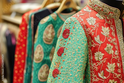 Colorful traditional garments with intricate embroidery hanging in a clothing boutique showroom