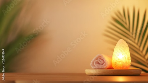 A cozy spa setting featuring a glowing Himalayan salt lamp and rolled towel, surrounded by a serene atmosphere with soft lighting and natural elements.