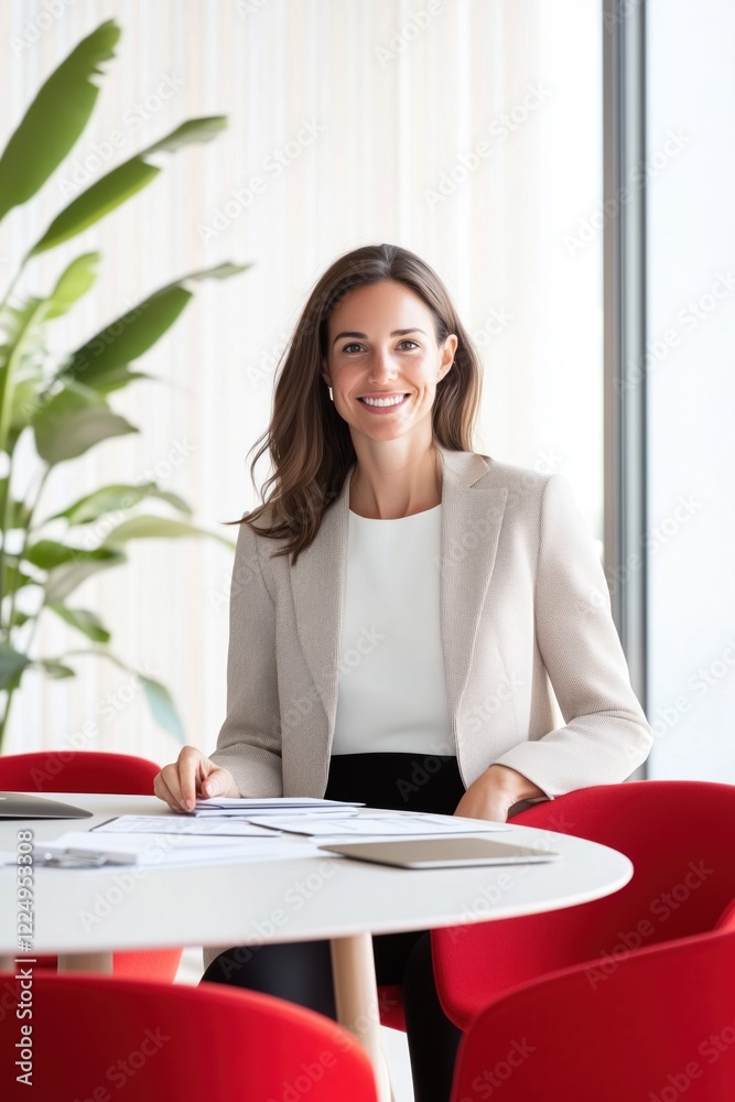 Business professional smiles warmly while seated at a modern conference table in a bright office Business professional smiles warmly while seated at a modern conference table in a bright office