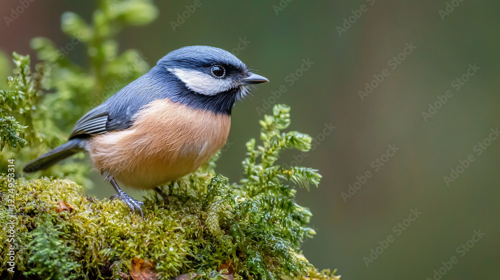 Fototapeta premium Close-up of a small bird perched on mossy ground in a tranquil forest setting, showcasing nature's beauty