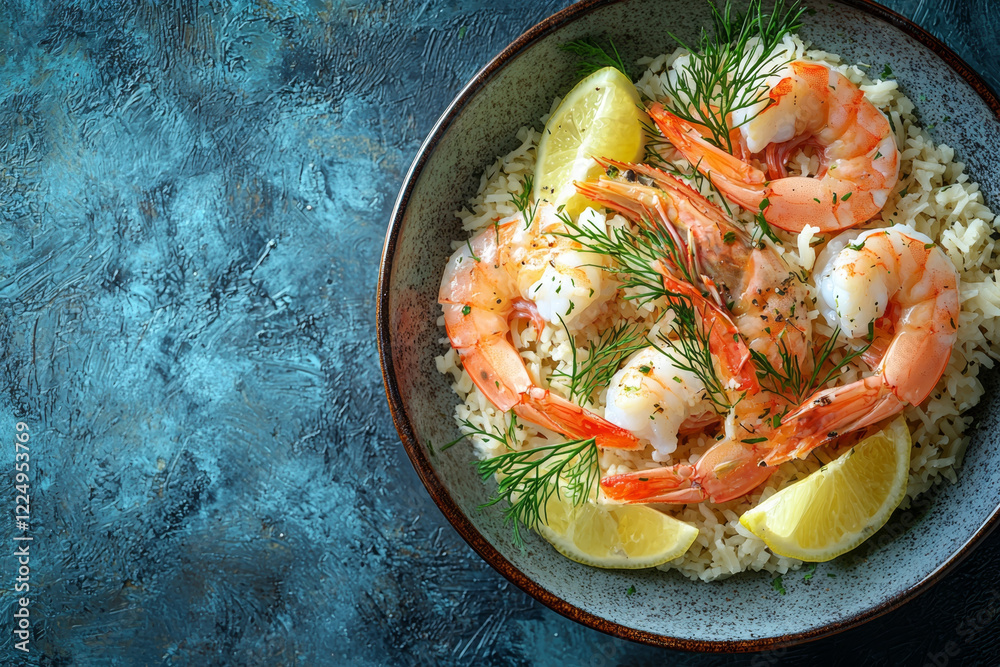Shrimp scampi with rice, lemon, and dill in a bowl. Shrimp scampi with rice, lemon, and dill in a bowl.
