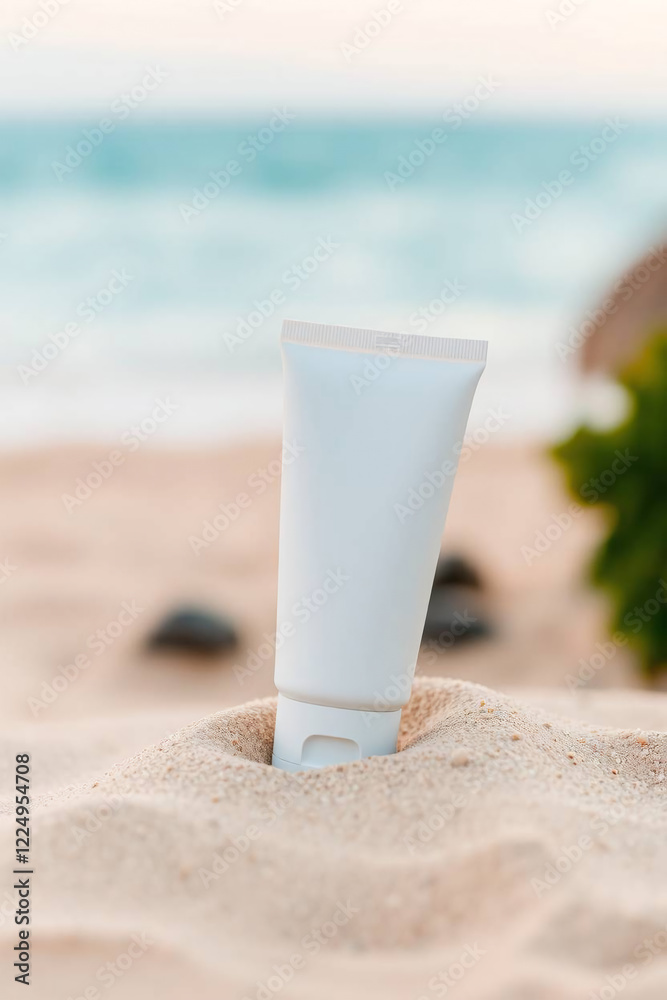 Mockup bottle packaging product on tropical sand beach Mockup bottle packaging product on tropical sand beach