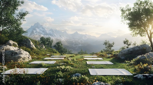Meditation Retreat on a Mountain Plateau – A serene meditation retreat set on a mountain plateau, with quiet walking paths, yoga mats on the grass, and a peaceful view of distant peaks – tranquil and 
