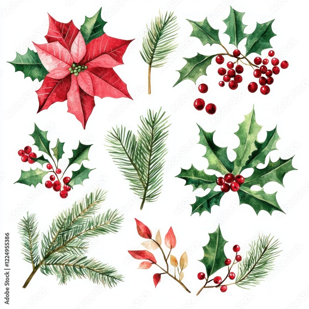 custom made wallpaper toronto digitalWatercolor Christmas floral elements; holly, poinsettia, pine; festive design