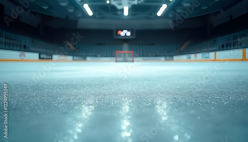 Empty ice hockey rink captured from a low angle with goalposts, focusing on the ice surface