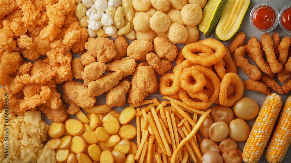 Seamless fried food background with crunchy textures of chicken tenders, fried pickles, potato wedges, battered zucchini and more. Great for food blogs and marketing materials. Seamless fried food background with crunchy textures of chicken tenders, fried pickles, potato wedges, battered zucchini and more. Great for food blogs and marketing materials.