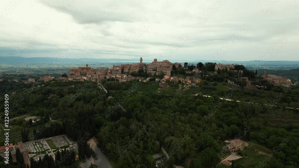 World famous wine old town of Montepulciano in Tuscany, Italy from an aerial drone view. World famous wine old town of Montepulciano in Tuscany, Italy from an aerial drone view.