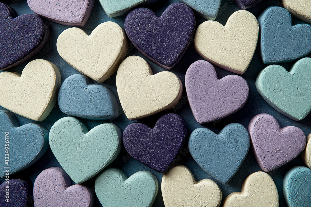 Fototapeta premium Pastel heart shapes arranged in a dense, overlapping pattern.