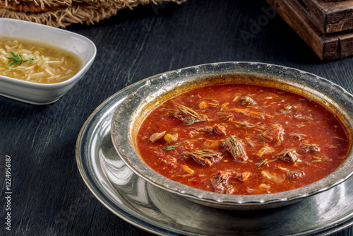 Authentic Turkish Beyran soup featuring tender lamb meat, rice, and a flavorful garlic-vinegar sauce, served in a traditional silver bowl, showcasing the rich culinary heritage of Gaziantep. photo