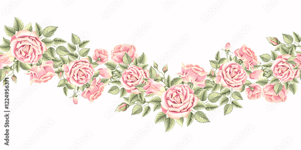 Flowers of roses with buds and leaves. Seamless border. Hand drawn watercolor illustration isolated. Summer frame. Floral horizontal banner from bouquets. Template for wallpaper, textile, embroidery. Flowers of roses with buds and leaves. Seamless border. Hand drawn watercolor illustration isolated. Summer frame. Floral horizontal banner from bouquets. Template for wallpaper, textile, embroidery.