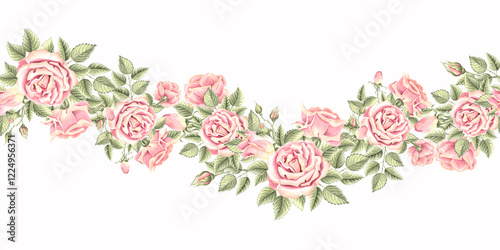 Wallpaper Mural Flowers of roses with buds and leaves. Seamless border. Hand drawn watercolor illustration isolated. Summer frame. Floral horizontal banner from bouquets. Template for wallpaper, textile, embroidery. Torontodigital.ca