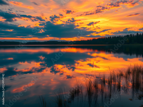 Sunset over a tranquil lake, hyper-realistic style, with detailed reflections and vibrant colors