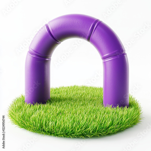 Purple archway nestled in vibrant green grass.