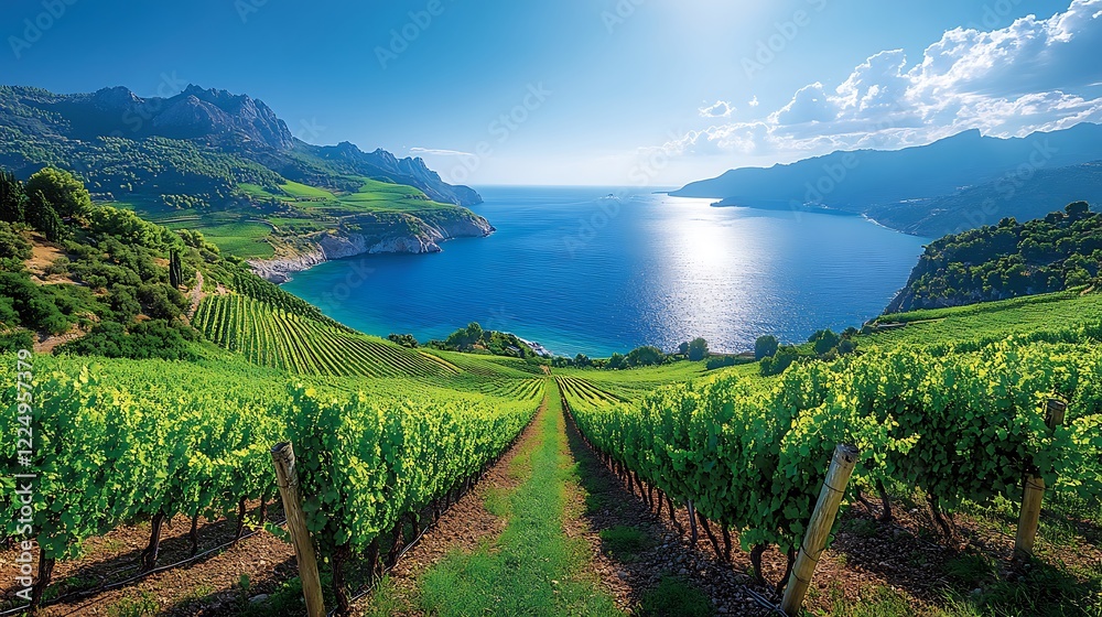 Fototapeta premium Green vineyard rows overlooking a coastal bay and mountains for wine marketing.