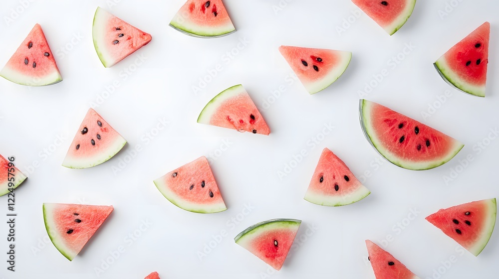 Refreshing watermelon slices arranged on a white background. Refreshing watermelon slices arranged on a white background.