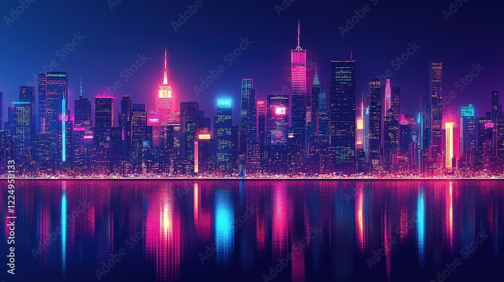 Fototapeta premium Futuristic neon city skyline at night with vibrant reflections on water