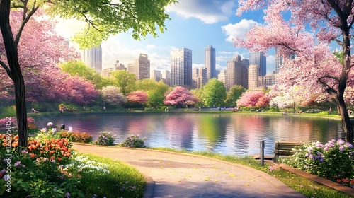 Spring Blooms in a City Park – A lush city park in spring, with blooming flowers, wide walking paths, and a tranquil lake, offering a serene space for relaxation – colorful and peaceful 