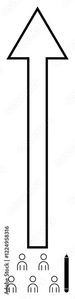 Large arrow pointing upward group of people at base, and vertical pencil. Ideal for themes of growth, teamwork, leadership, motivation, development, education, creativity. Line metaphor Large arrow pointing upward group of people at base, and vertical pencil. Ideal for themes of growth, teamwork, leadership, motivation, development, education, creativity. Line metaphor