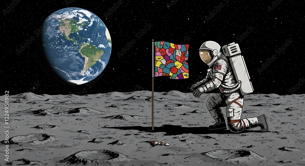 Naklejka premium Astronaut in space suit plants a flag on the moon with earth in the background.