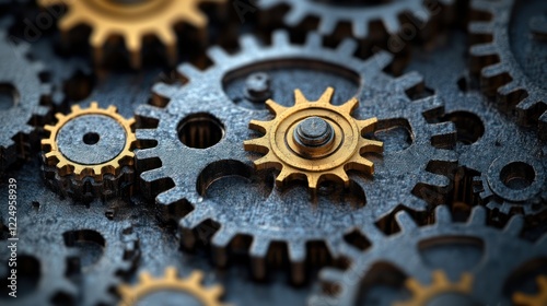 Close-up of intricate metal gears intermeshing.