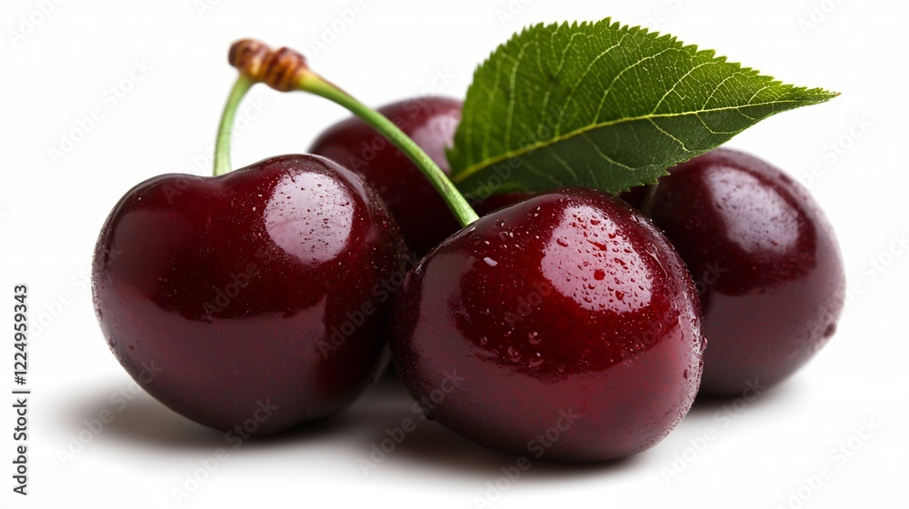 Juicy Red Cherries with a Fresh Green Leaf Juicy Red Cherries with a Fresh Green Leaf