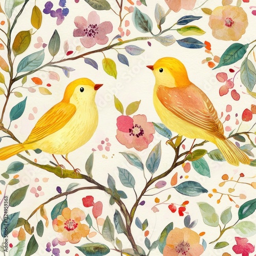Two yellow birds on flowering branches, spring garden background, nature illustration for greeting cards