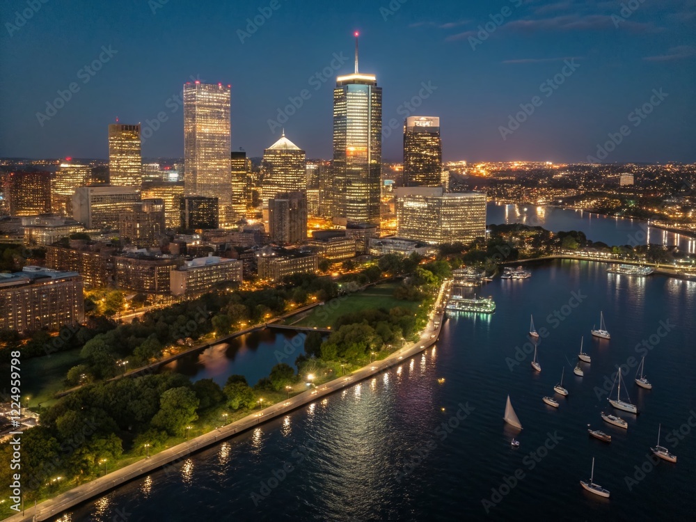 Obraz premium Stunning Night Drone View of Back Bay Skyline, Boston