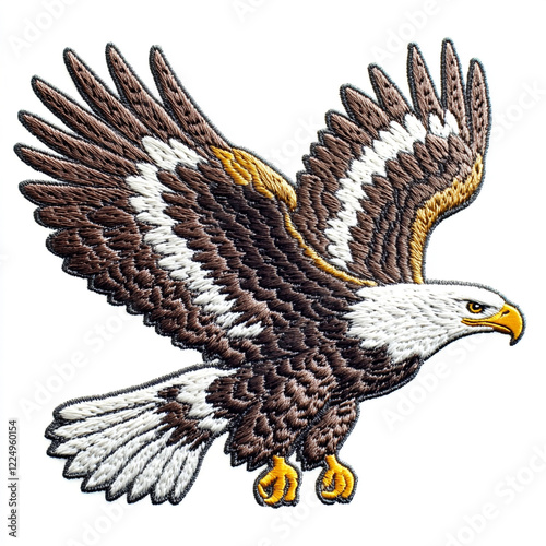 An embroidered patch of a front-facing eagle with wings spread and its head turned to the right against whtie background.