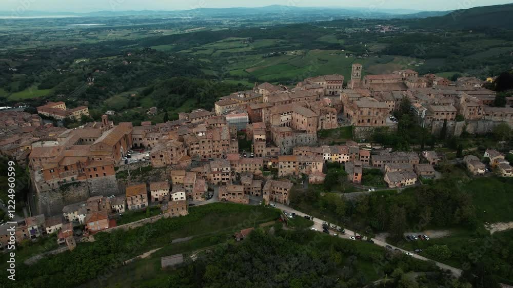 Aerial shot of medieval hilltop town of Montepulciano, Province of Siena, Tuscany, Italy, Europe. Aerial shot of medieval hilltop town of Montepulciano, Province of Siena, Tuscany, Italy, Europe.