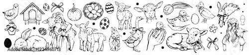 Cute farm baby animals set, vector doodle easter lamb, rabbit hand drawn illustration, little girl. Country village domestic pets line clipart, chicken eggs, lovely small cow. Nature farm animals art