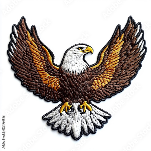 An embroidered patch of a front-facing eagle with wings spread and its head turned to the right against whtie background.